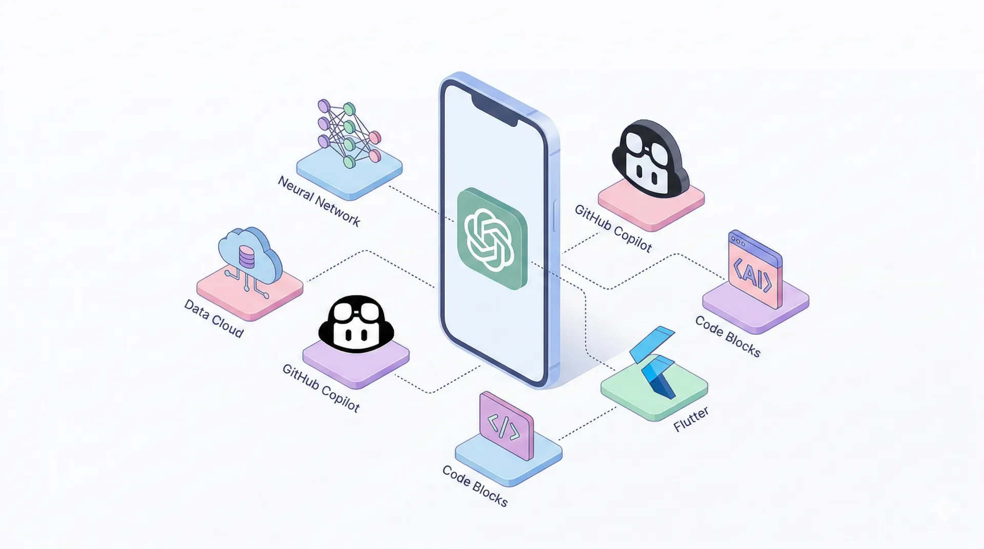 En popüler yapay zeka mobil uygulama araçları illüstrasyonu.