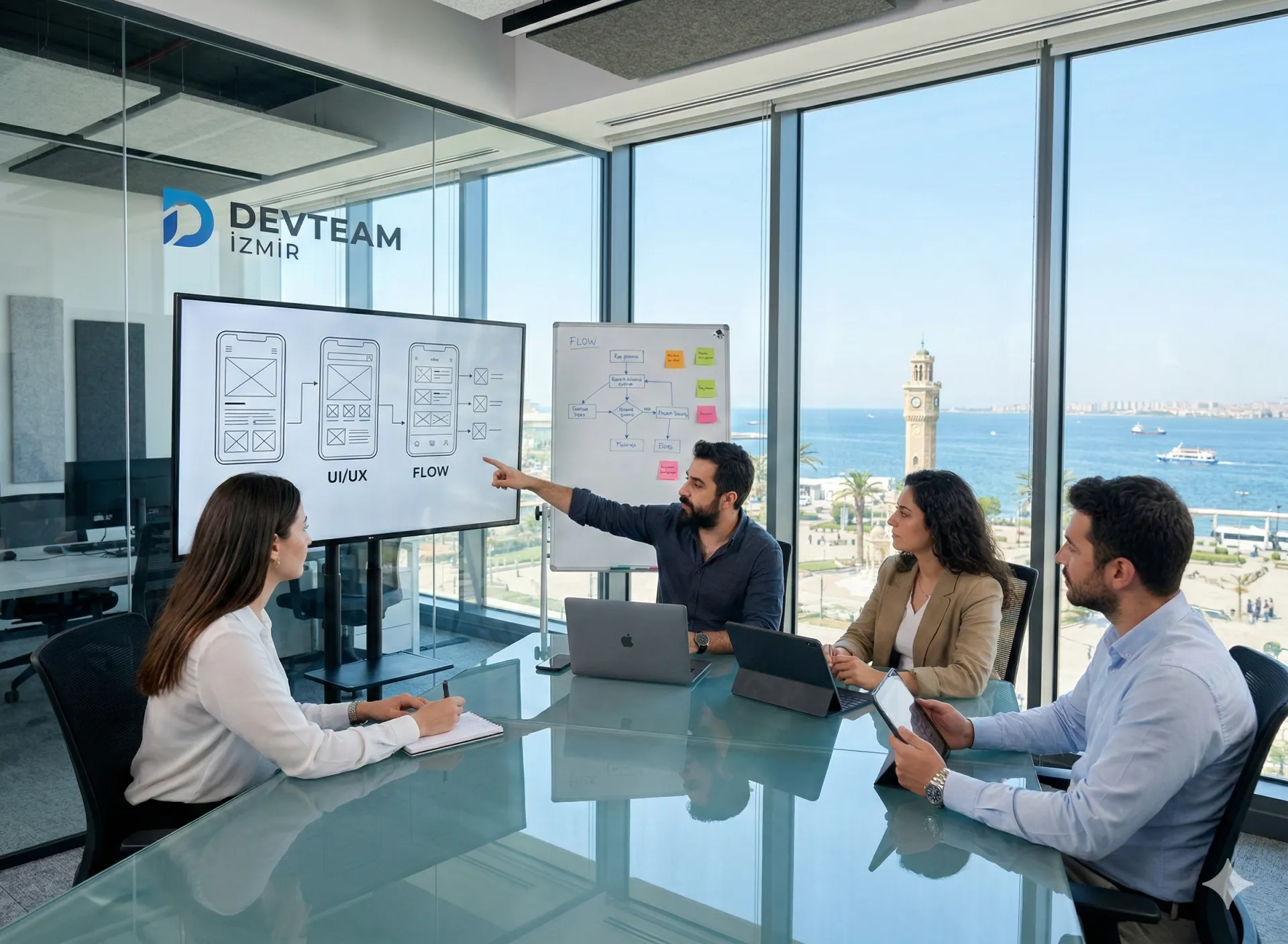 İzmir yazılım ofisinde mobil uygulama proje toplantısı.