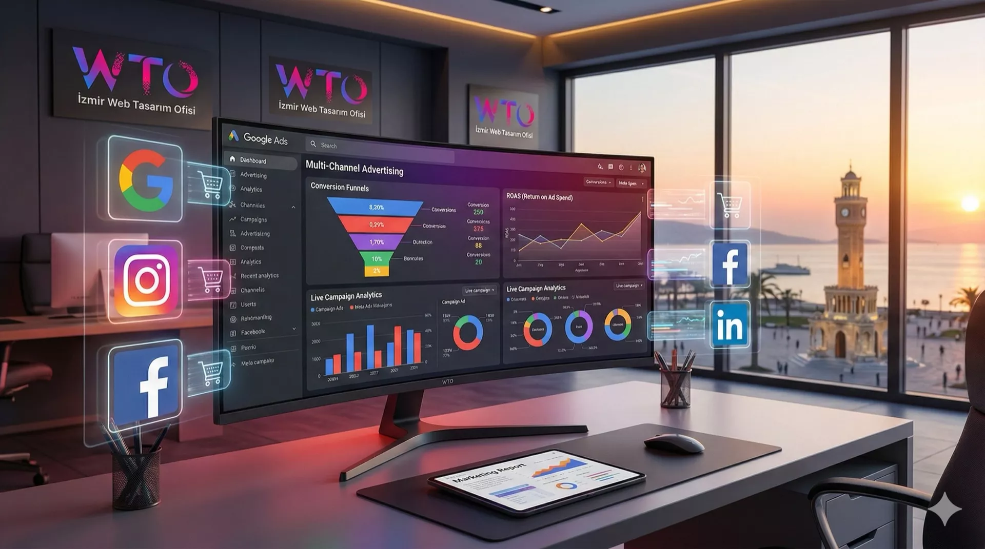 İzmir Web Tasarım Ofisi dijital pazarlama ajansı ortamında, Google Ads ve Meta Ads (Instagram/Facebook) reklam kampanyalarının gerçek zamanlı performans ve ROAS (Reklam Getirisi) analiz ekranı ve İzmir Konak manzarası.
