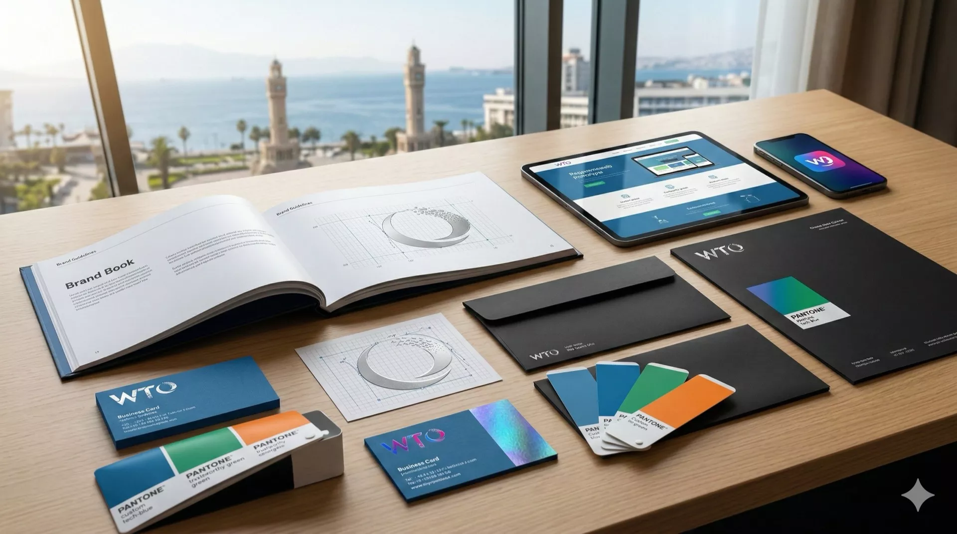 İzmir Web Tasarım Ofisi yaratıcı stüdyosunda, modern logo tasarımı, kurumsal kimlik kitapçığı (Brand Book), premium kartvizit ve İzmir Körfezi manzarası.