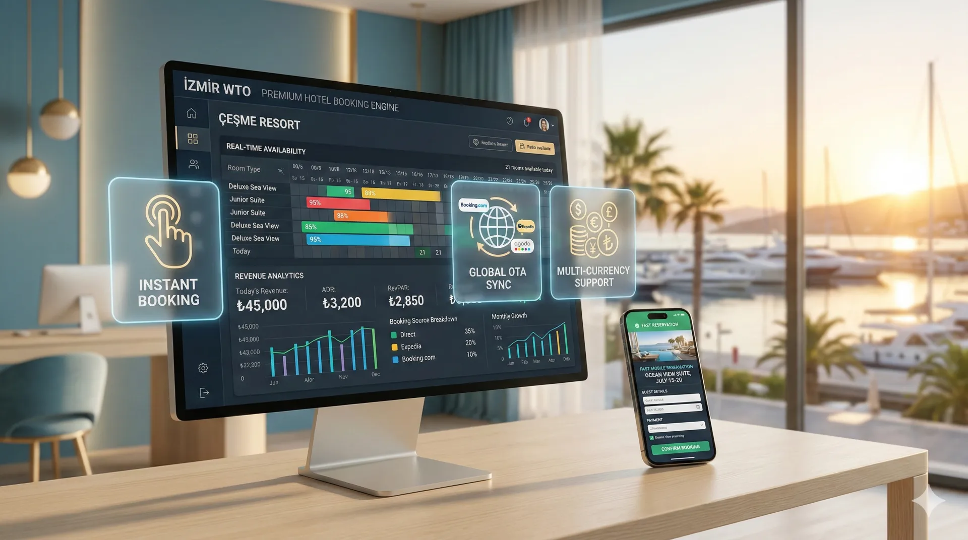 İzmir Web Tasarım Ofisi tarafından butik oteller için geliştirilen, anlık rezervasyon motoru ve global kanal yöneticisi paneli içeren profesyonel turizm web sitesi tasarımı.