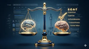 Kurumsal SEO'da yapay zeka (AI) ile yazılan içerikler Google'da ceza alır mı sorusunun analizi ve insan dokunuşunun önemi.